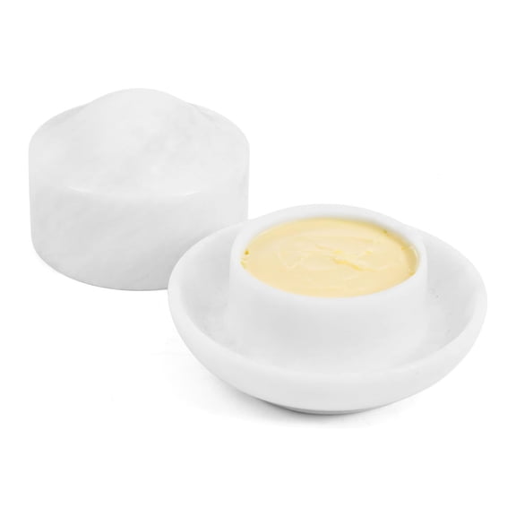Elborse Marble Mini Butter Dish 3 inch White Handmade French Butter Holder For Kitchen Counter Décor, Spreadable Butter Keeper, Butter Crock For Counter With Water