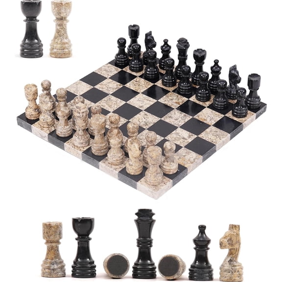 Elborse Marble Chess Set 12 inches Black and Coral with 32 Chess Pieces and 2 Extra Queens, Board Games for Adults, Luxury Chess Board.