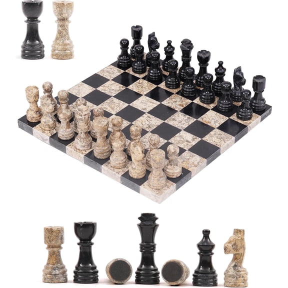 Elborse Marble Chess Set 12 inches Black and Coral with 32 Chess Pieces and 2 Extra Queens, Board Games for Adults, Luxury Chess Board.