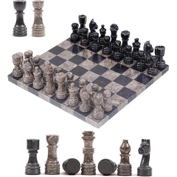 Elborse Marble Chess Set 12" Oceanic & Black Family Board Games, 32 Chess Pieces & 2 Extra Queens, Travel Chess Set, Strategy Board Games for Adults