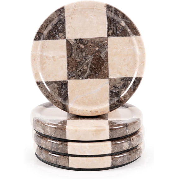 Elborse Marble Coasters for Drink Set of 4 Handmade 4 inch Oceanic and Verona Round Checkered Coasters for Drinks, Ideal Coaster Set for Home and Kitchen Table Décor