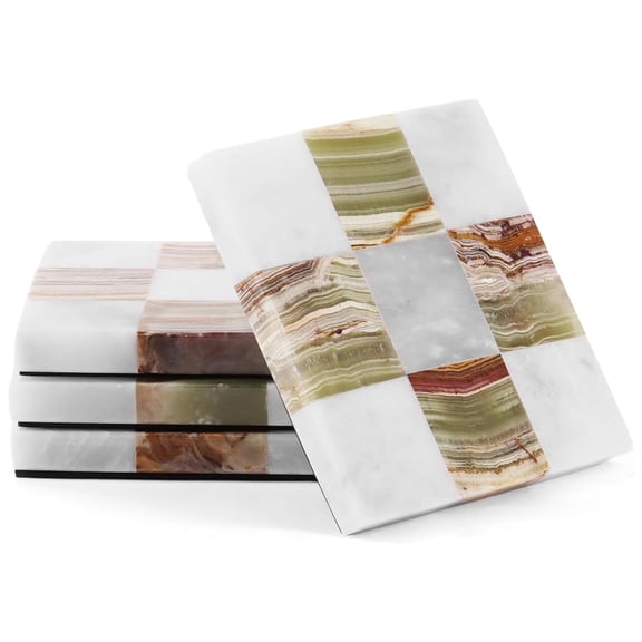 Elborse Marble Coasters Set of 4, 4" White & Green Handmade Stone Cup Coasters, Elegant Table Coaster for Drinks, Durable Kitchen Décor & Home Accessories
