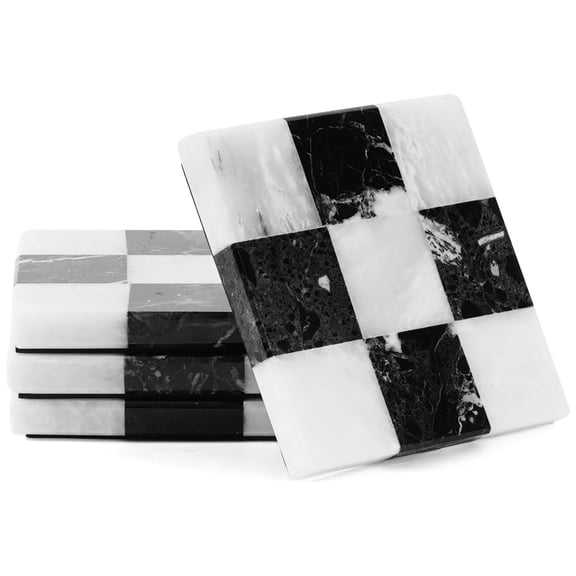 Elborse Marble Coasters for Drink Set of 4 Handmade 4 inch Black and White Square Checkered Heat Resistant Cup Coasters, Elegant Stone Coasters set for Home, Office and Kitchen Décor