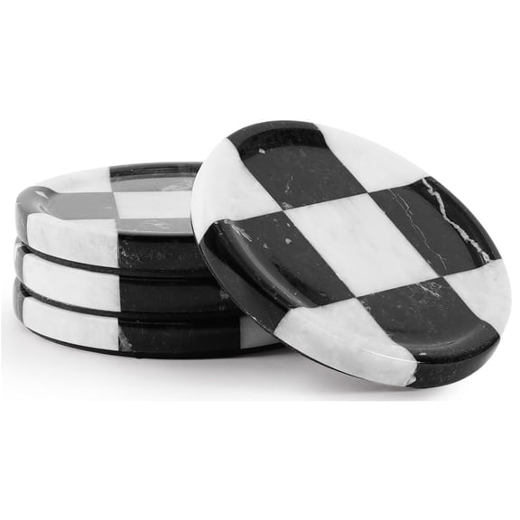 Elborse Marble Coasters for Drink Set of 4 Handmade 4 inch Black and White Round Checkered Heat Resistant Cup Coasters, Elegant Stone Coasters for Home, Office and Kitchen Décor