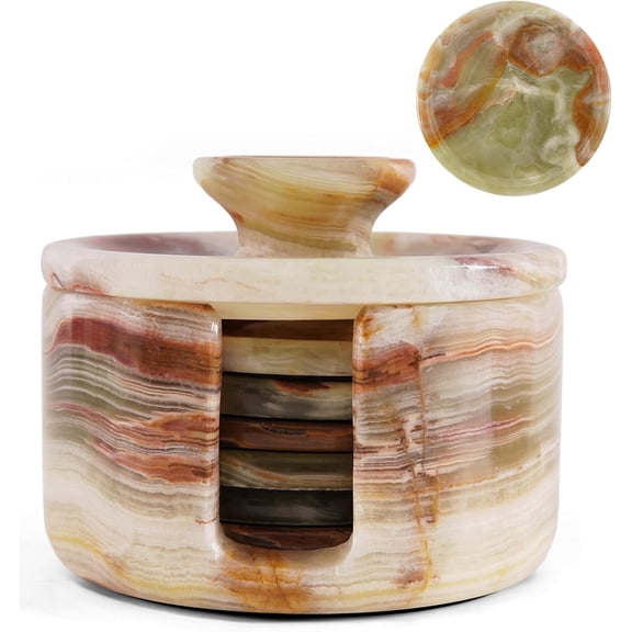 Elborse Green Onyx Marble Coasters Set of 6 Handmade 3.5 inches Round Drink Coasters with Holder and Lid, Cup Coasters for Coffee Table Decor, Ideal Stone Coasters for Dining Table