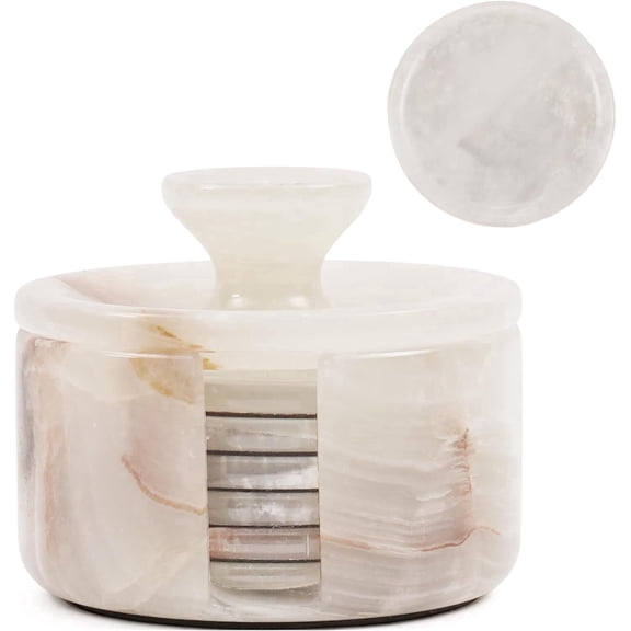Elborse Marble Coasters Set of 6 Handmade 3.5 inch White Onyx Round Stone Coaster for Drinks with Holder & Lid, Ideal for Dining Table, Coffee Table and Office Desk
