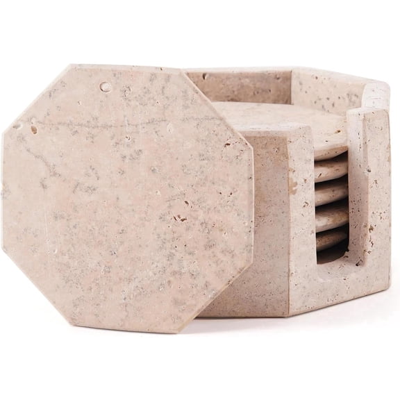 Elborse Marble Coasters Set of 6 Handmade 3.5 inch Travertine Star Coasters for Drinks, Coaster Set with Holder for Dining Tables Decorative Cup Coasters