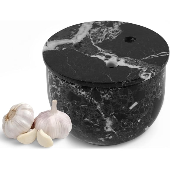 Elborse Marble Garlic Keeper for Counter 4.5 inch Black Handmade Garlic Holder for Countertop Storage, Ideal Garlic Keeper for Kitchen Decor, Small Container Garlic Cloves