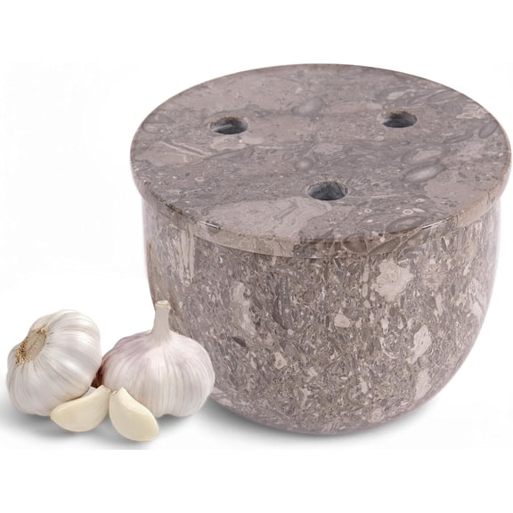 Elborse Marble Garlic Keeper With Lid 4.5 inch Oceanic Handmade Garlic Storage and Garlics Container For Kitchen, Keep Fresh Garlic Cloves, Ideal Garlic Keeper for Counter