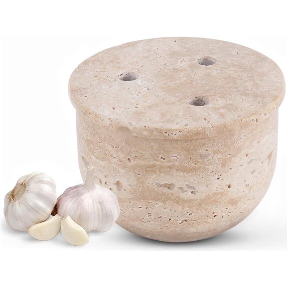 Elborse Marble Garlic Keeper for Counter 4.5 inch Travertine Handmade Small Garlic Holder For Countertop, Ideal Garlic Cloves Container for Kitchen Storage