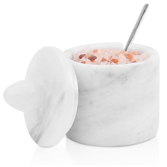 Elborse Marble Salt Cellar with Lid 4 inch – Handmade White Marble Salt Bowl, Natural Stone Kitchen Salt Keeper for Countertop, Refillable Container for Cooking & Seasoning