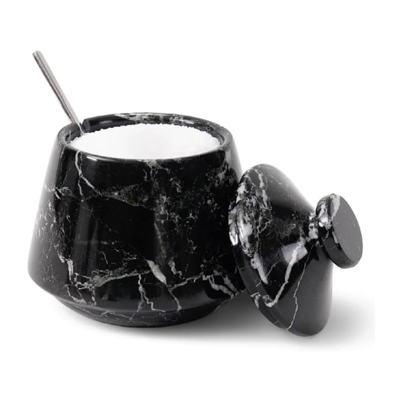 Elborse Marble Salt Cellar with Lid 4 inch Black Table Salt Container and Sugar Bowl for Kitchen Countertop, Ideal Salt Dish and Salt Jar for Celtic Salts