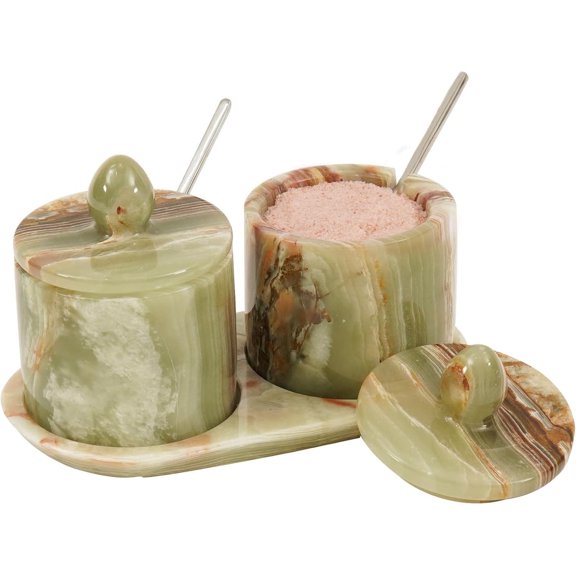 Elborse Marble Salt Cellar with Lid 4 inch Green Handmade Set of 2 Seasoning Jars with Tray, Ideal Table Salt Container Salt Dish and Sugar Bowl For Kitchen Countertop