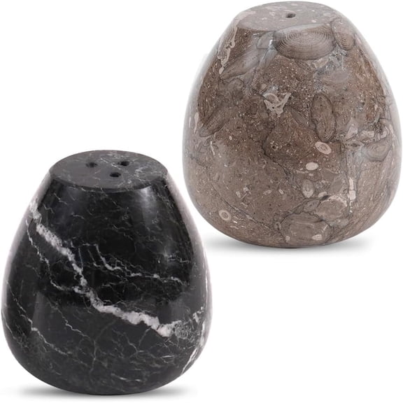 Elborse Marble Salt and Pepper Shakers 2.3 inches Oceanic & Black Spice Containers, Natural Stone Farmhouse Style Kitchen Decor & Tabletop Storage