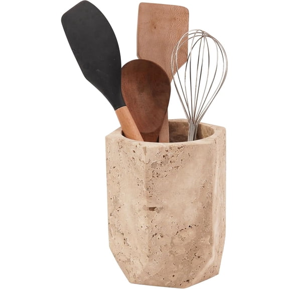 Elborse Marble Utensil Holder 6.5 Inch Stone Cooking Utensils Set Crock for Countertop Storage, Modern Travertine Utensil Caddy, Spoon Holder & Spatula Organizer for Kitchen Decor
