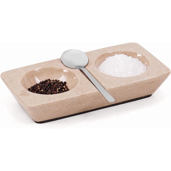 Elborse Marble Salt and Pepper Dish 6 inches with Spoon Verona Handcrafted Stone Spice Tray with 2 Compartments, Pink Salt Holder, Farmhouse Kitchen Table Decor Elegant Home Essentials