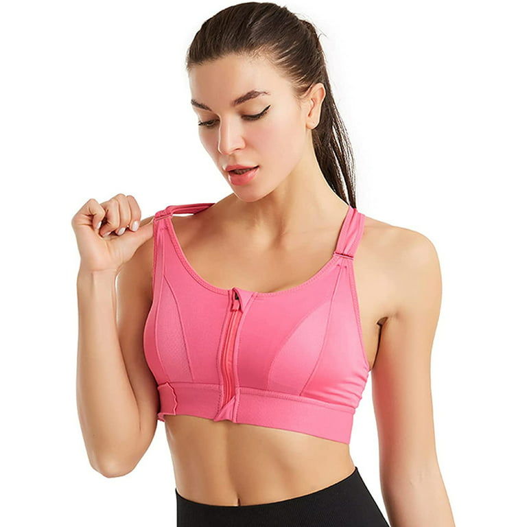 Elbourn 1Pack Sports Bra Front Closure Women Sports Bra Full Cup Cotton  Running Bra for Plus Size （Pink-M）