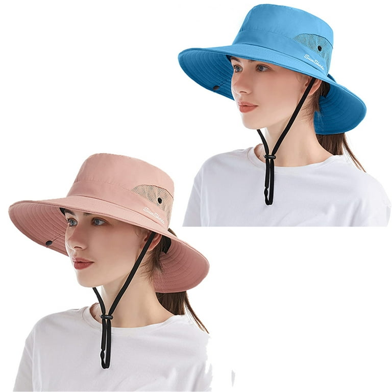 Elbourn 2 Pack Women's Outdoor UV-Protection-Foldable Sun-Hats Mesh  Wide-Brim Beach Fishing Hat with Ponytail-Hole 