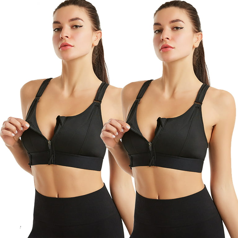 Elbourn 2Pack Women's Sports Bra Front Zipper Closure Sports Bra High  Impact Support Racerback Workout Yoga Sports Bras （Black-5XL）
