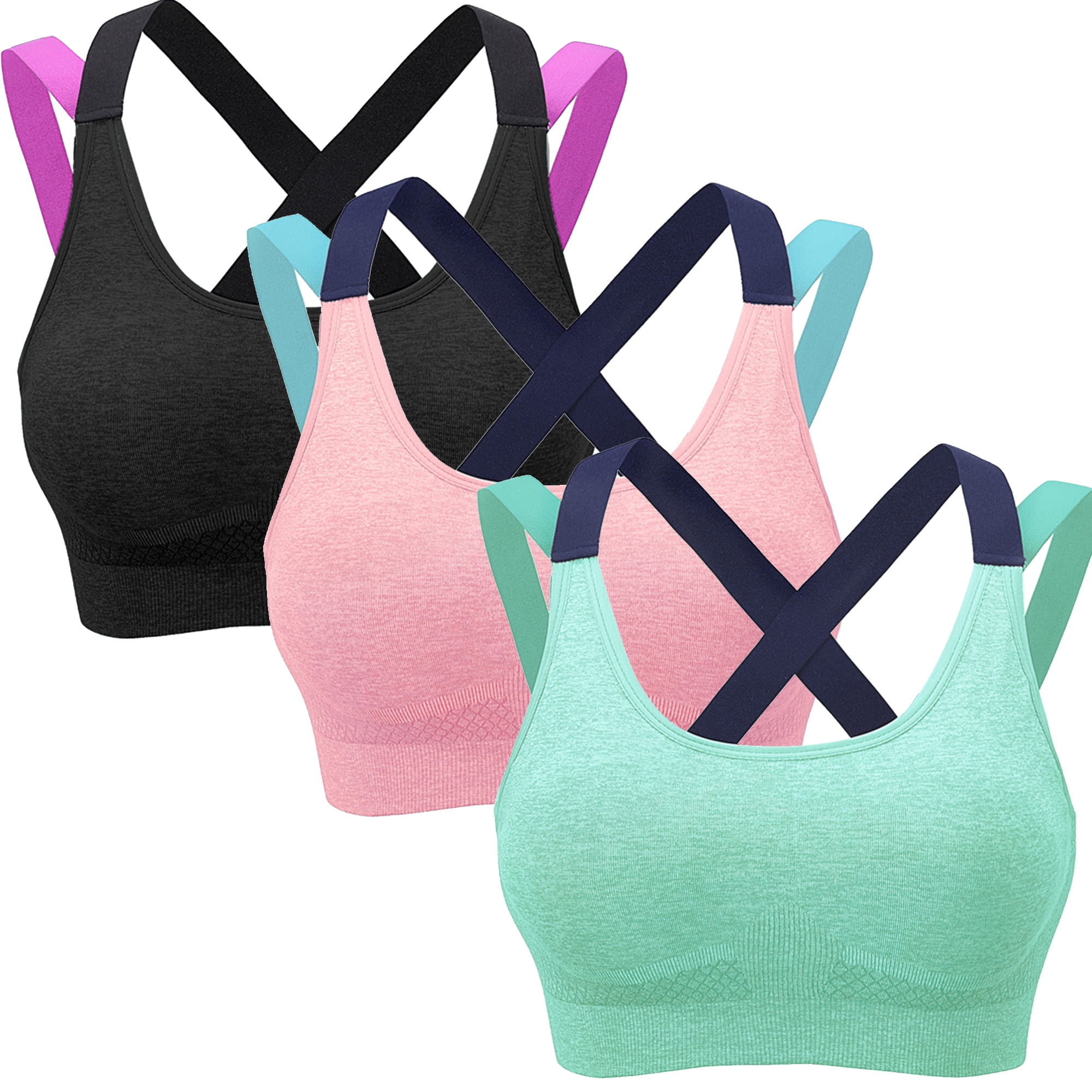 Elbourn 3 Pack Women's Medium Support Cross Back Wirefree Removable Cups  Yoga Sport Bra