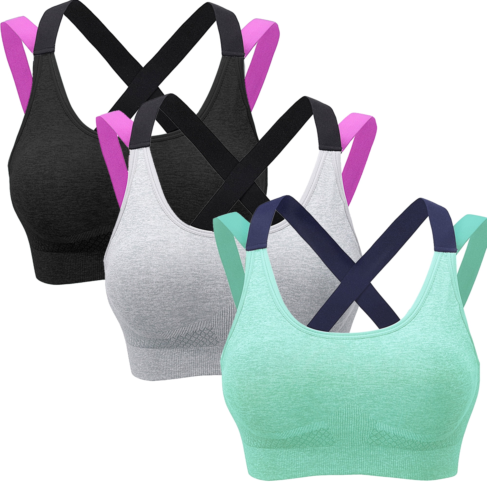 Elbourn 3 Pack Women's Medium Support Cross Back Wirefree Removable Cups Yoga Sport Bra