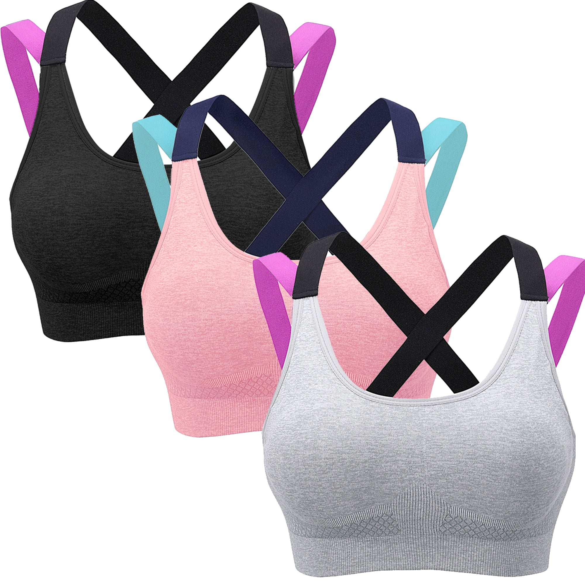 Elbourn 3PC Sports Bra for Women, Criss-Cross Back Padded Strappy Sports  Bras Medium Support Yoga Bra with Removable Cups(L)