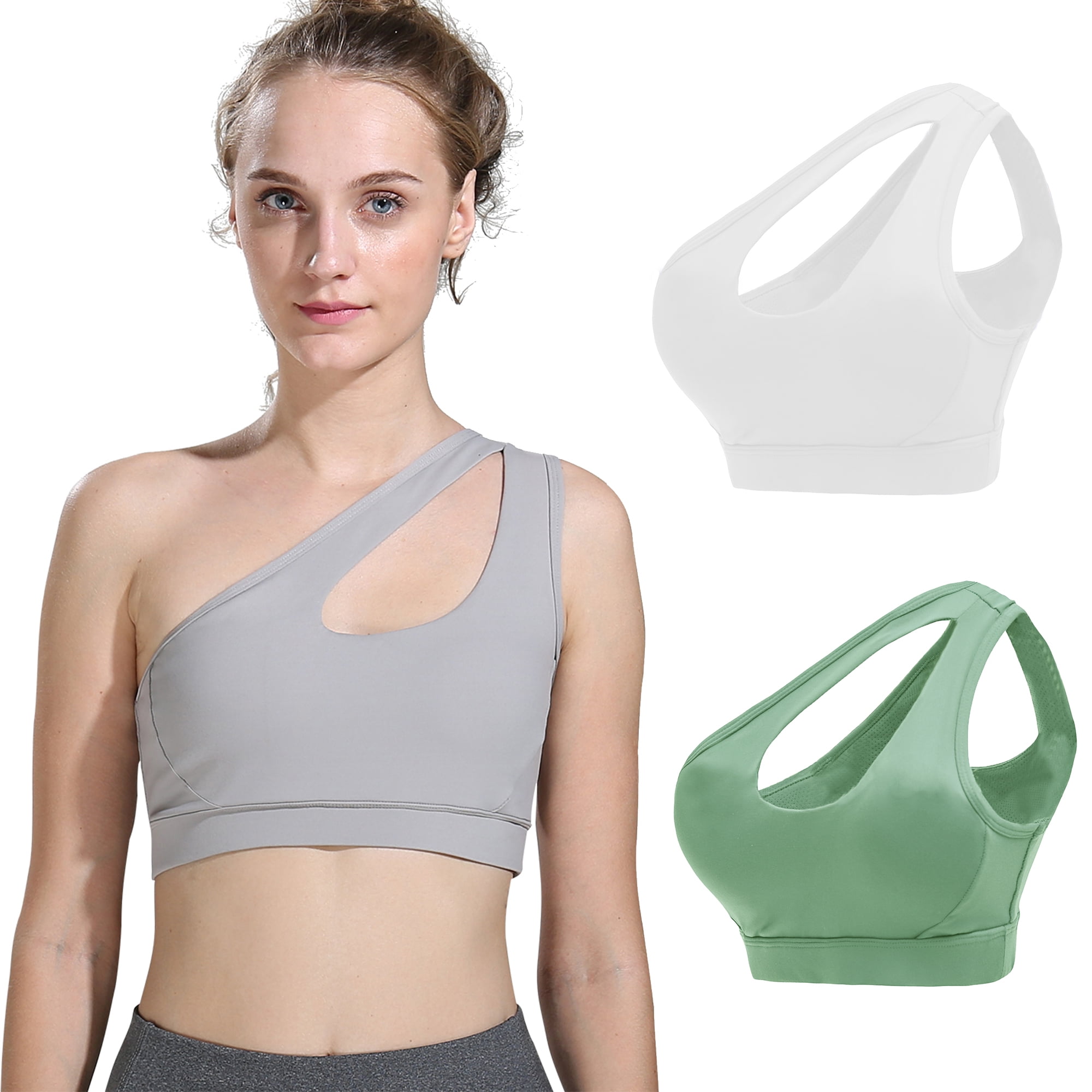 Elbourn 3PC One Shoulder Sports Bra Removable Padded Yoga Top Post-Surgery  Wirefree Sexy Medium Support(S)