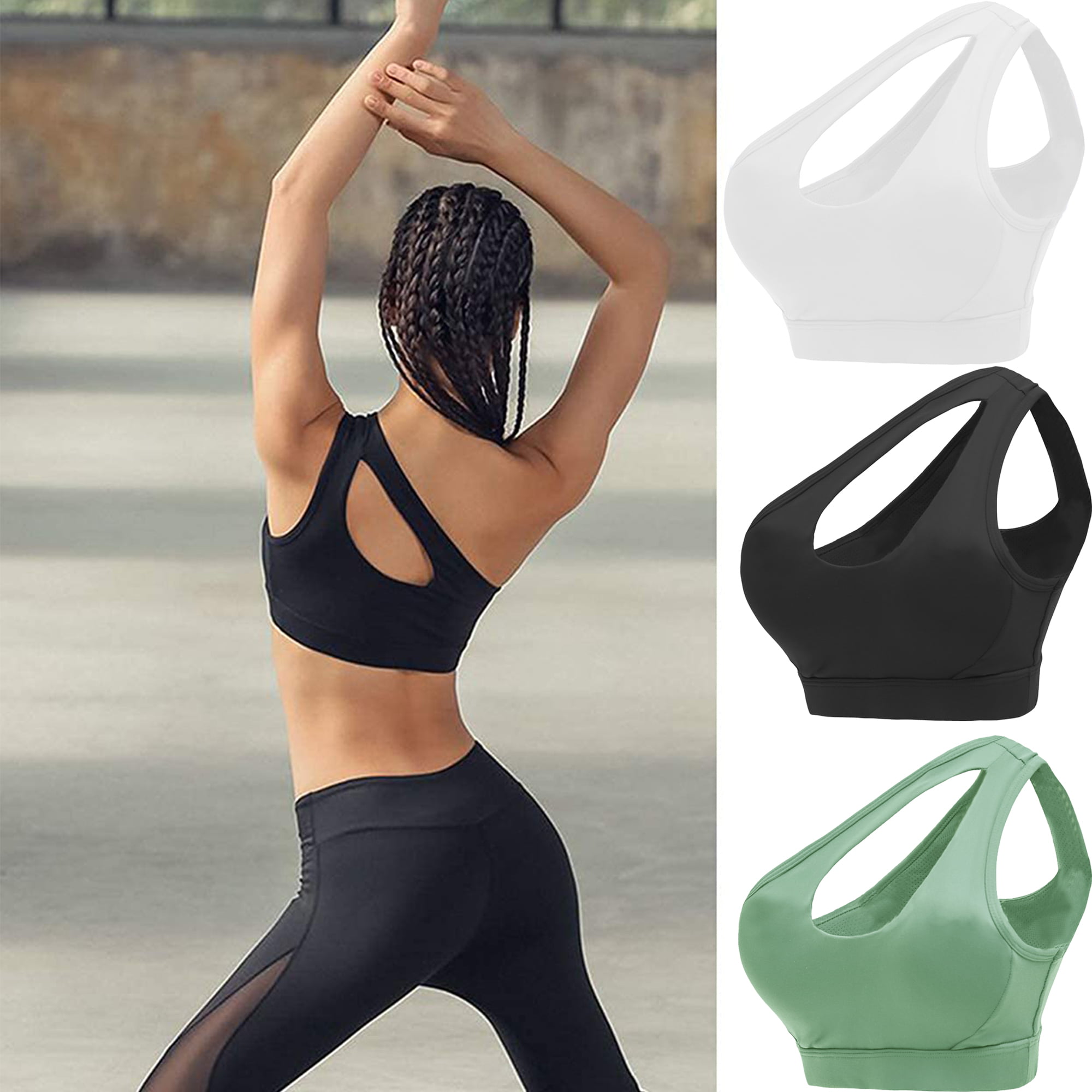 Elbourn One Shoulder Sports Bra for Women Sexy Cute Workout Yoga Bra Medium  Support 3 Pack 