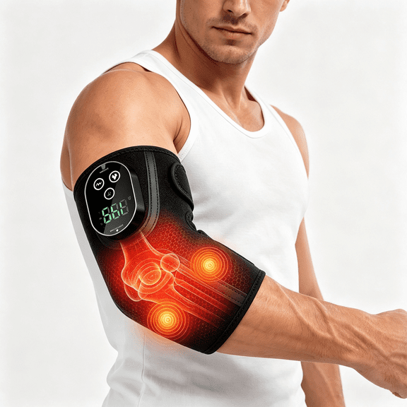 Elbow Heating Pad with Massage, Elbow Massager for Tennis Elbow, Cordless Heated Elbow Brace with 5 Heat & 3 Vibration, Rechargeable Electric Heating Pad for Arm 3000mAh Battery, Black