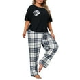 thumbnail image 1 of Elbow-Length Plaid Scoop Neck Tee Pant Pajama set, Plus Size, Black and White (Women's), 1 of 4