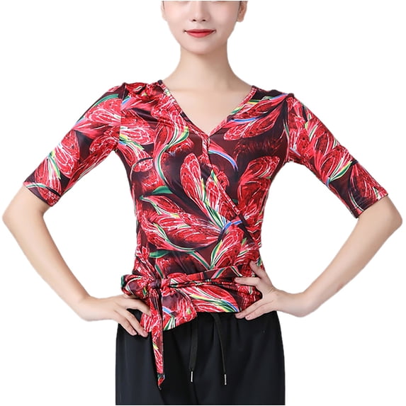 Elbow Length Sleeve Floral Faux Wrap Tie Waist Dance Wrap Shirt women's Adult Ladies