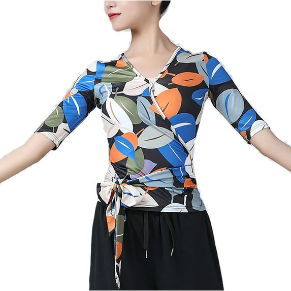 Elbow Length Sleeve Leaves Faux Wrap Tie Waist Dance Tee Shirts women's Adult Ladies