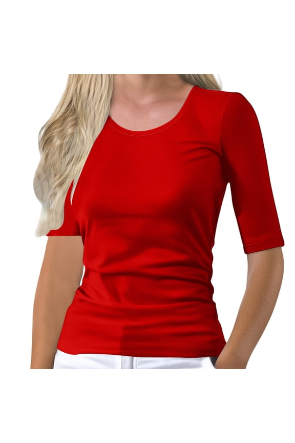 Elbow Length Tee Shirts for Women Basic Summer Tees Shirts Half Sleeve T Shirts for Women Business Casual T-Shirts Base Layer Women Elbow Length Going Out Tops Layering Tops Tunic Tops Red L