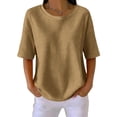 thumbnail image 1 of Elbow Length Tops Women Dressy Waffle Knit Crew Neck T Shirts Trendy Summer Loose Cute Blouses Half Sleeve Basic Tees Khaki XL, 1 of 4
