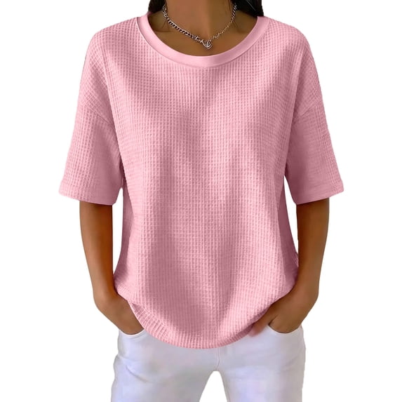Elbow Length Tops Women Dressy Waffle Knit Crew Neck T Shirts Trendy Summer Loose Cute Blouses Half Sleeve Basic Tees Pink XL