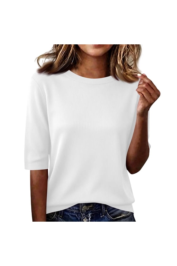 Elbow Length Tops for Women Casual Half Sleeve Tee Shirts Summer Ladies Elderly Clothes White L