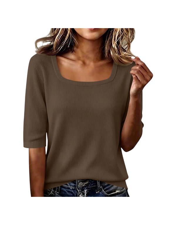 Elbow Length Tops for Women Half Sleeve V Neck Knit T Shirts Summer Loose Business Casual Lightweight Shirts,L