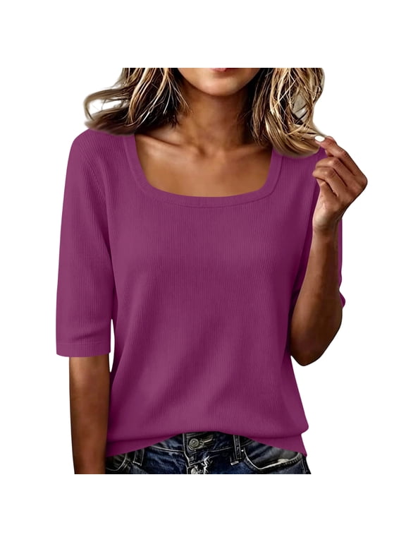 Elbow Length Tops for Women Half Sleeve V Neck Knit T Shirts Summer Loose Business Casual Lightweight Shirts,M