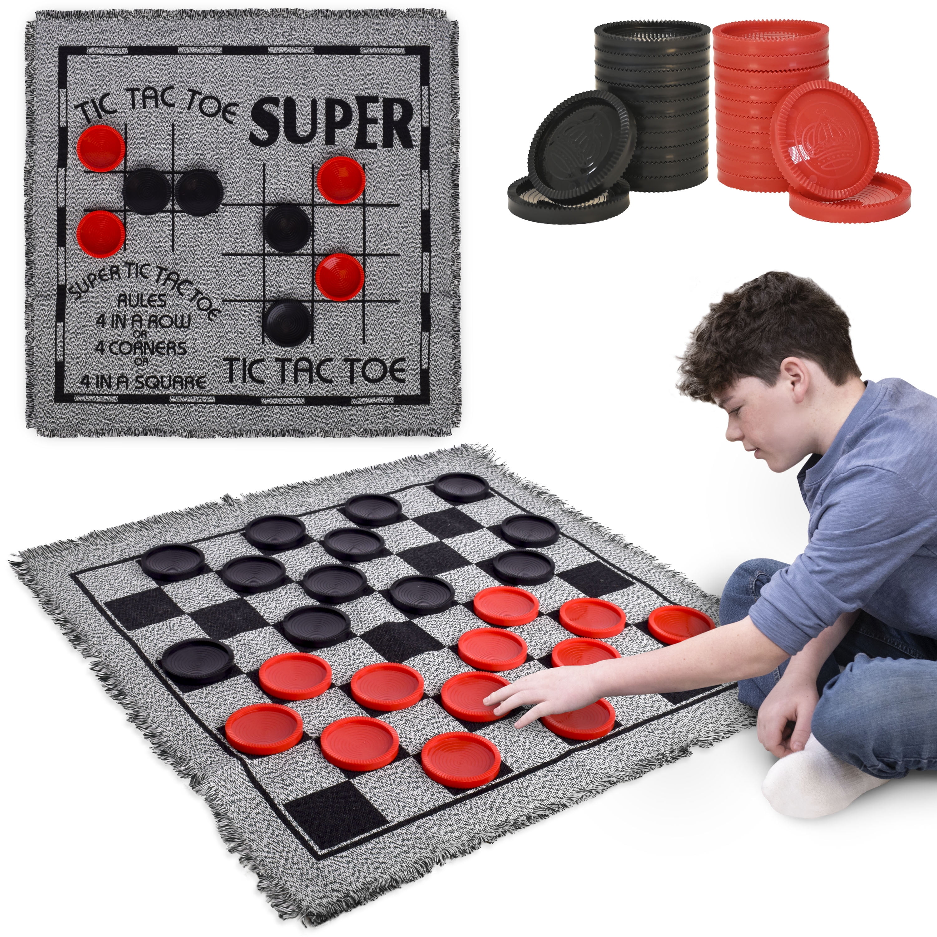 Elbow Room Games Jumbo Checkers Set with Double Sided Cloth Mat and Storage Bag – Includes 25 Extra Large Play Pieces for Outdoor & Indoor Family Events, Includes Tic Tac Toe Bonus Game