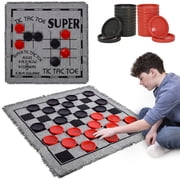 Elbow Room Games Jumbo Checkers Set with Double Sided Cloth Mat and Storage Bag  Includes 25 Extra Large Play Pieces for Outdoor & Indoor Family Events, Includes Tic Tac Toe Bonus Game