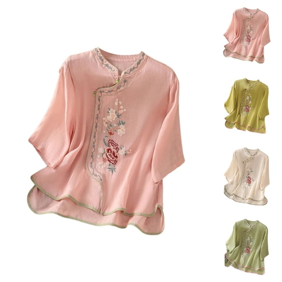 Elbow Sleeve T Shirts for Women 2026 Summer Casual Cotton Linen Stand Collar Vinatge Embroidered Tee Shirt
