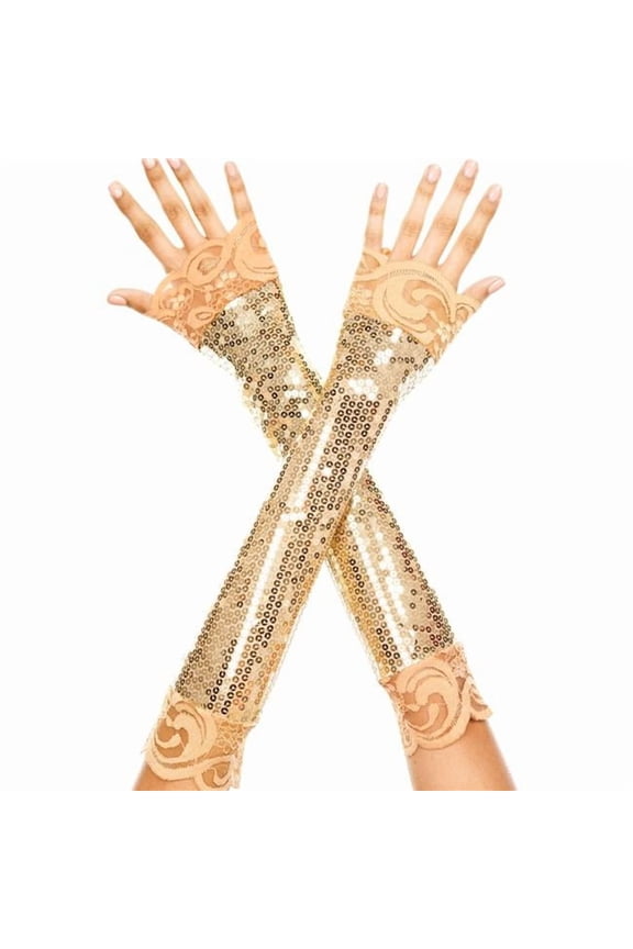 Elbow length sequin with lace trim arm warmer 406-GOLD