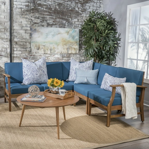 Noble House 5 Piece Acacia Wood Outdoor Indoor Set, Brown/Blue