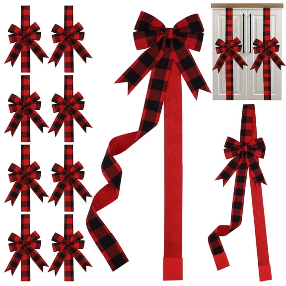 Elcoho 10 Pack 10 inch Christmas Door Cabinet Bows, Red Black Buffalo Plaid Furniture Ribbon Bows for Xmas Festive Party Decor Supplies