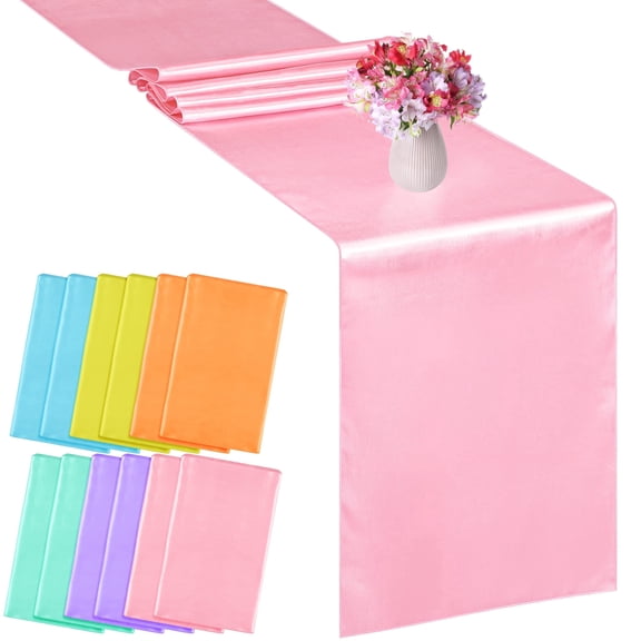Elcoho 12 Pack Pastel Rainbow Satin Table Runner, 12 x 108 inch Rectangle Silk Fabric Decor for Spring Easter Wedding Birthday Banquet Party