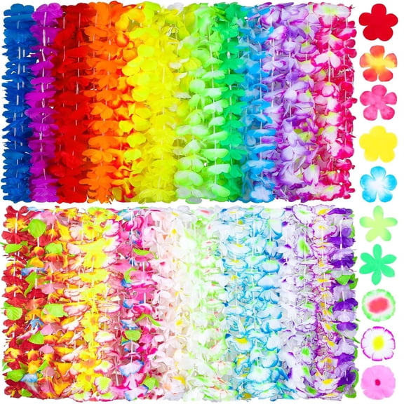 Elcoho 144 Count Hawaiian Flower Leis Bulk, 39 inch Tropical Lei Necklaces for Luau Beach Birthday Party Favors