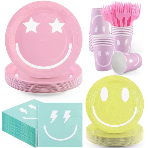Elcoho 144 Pack Preppy Smile Face Tableware Set Serves 24, Disposable Plates Napkins Cups Plastic Forks for Birthday Baby Shower Party Supplies
