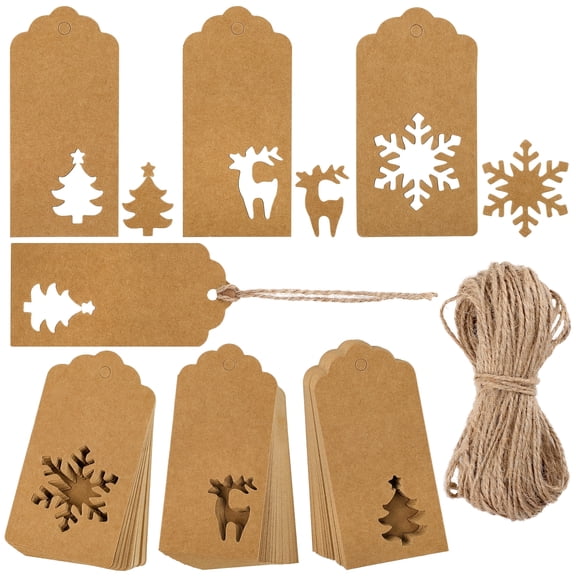 Elcoho 150 Pack Brown Christmas Paper Gift Tags, Kraft Hang Labels Tree Snowflake Reindeer Design with Jute Twine for Xmas DIY Wrapping Decorations