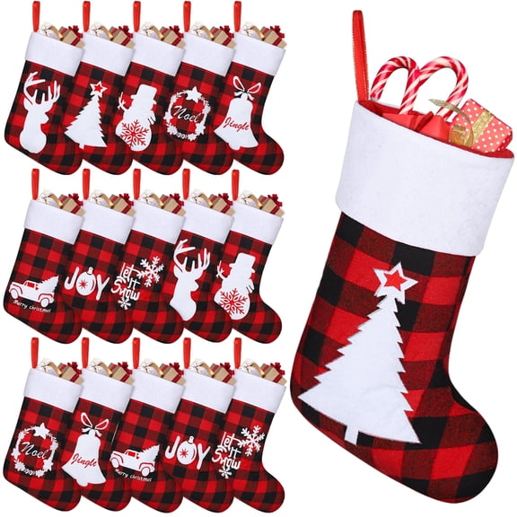 Elcoho 16 Pack Christmas Felt Hanging Stockings 18 inch Red Black Buffalo Plaid with Santa Snowman Reindeer Pattern Party Favors Decor