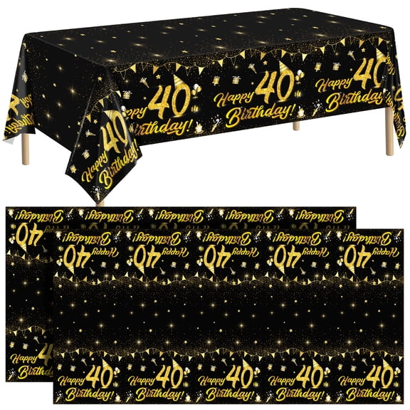 Elcoho 2 Pack 40th Happy Birthday Tablecloths, 54" x 108" Black and Gold Table Cover, Disposable Plastic Rectangular Table Cloth Cover for Indoor Outdoor Birthday Party Supplies